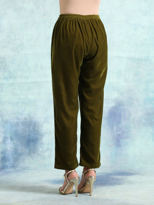 trueBrowns Mehandi Velvet Pant | Swadesiicart