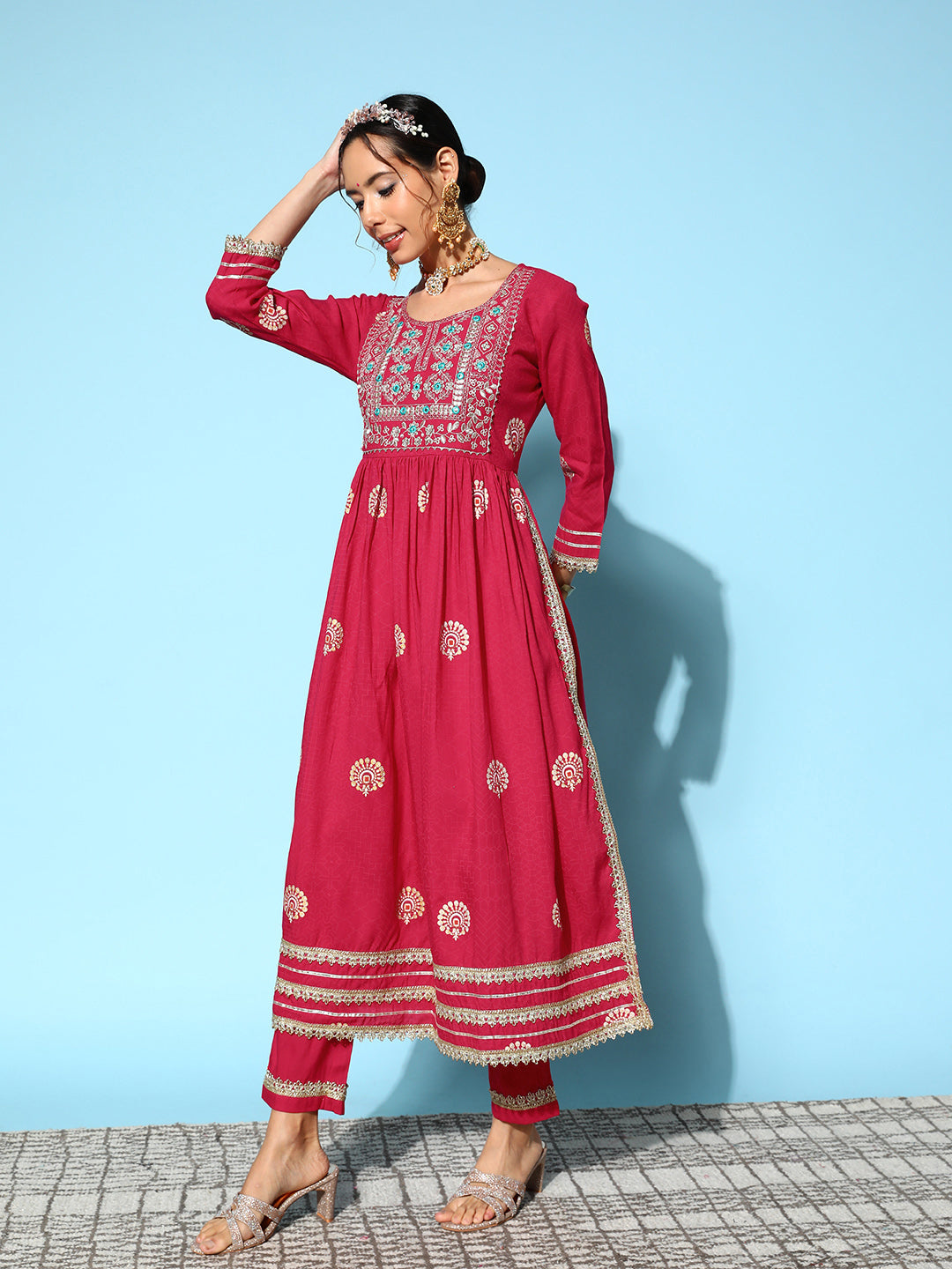 InWeave Women's Pink Nyra Cut Embroidered Kurta Set With Dupatta - Swadesiicart