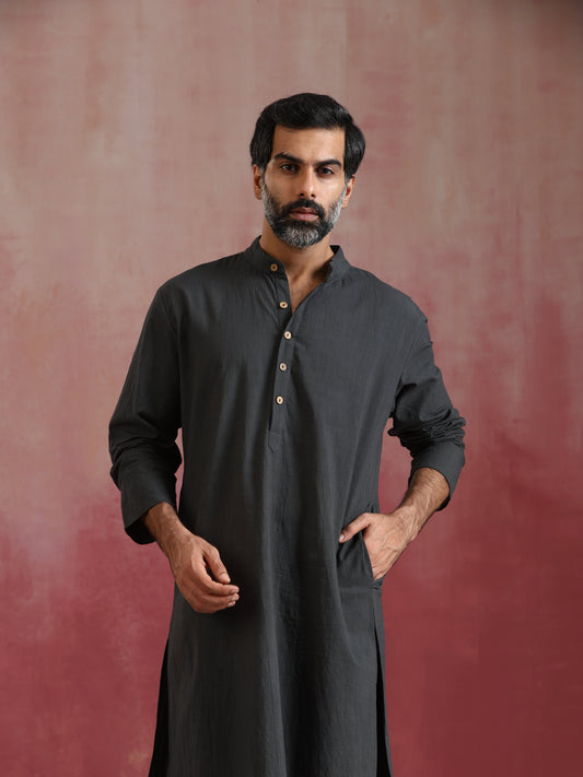 trueBrowns Men's Charcoal Grey Mandarin Collar Kurta | Swadesiicart