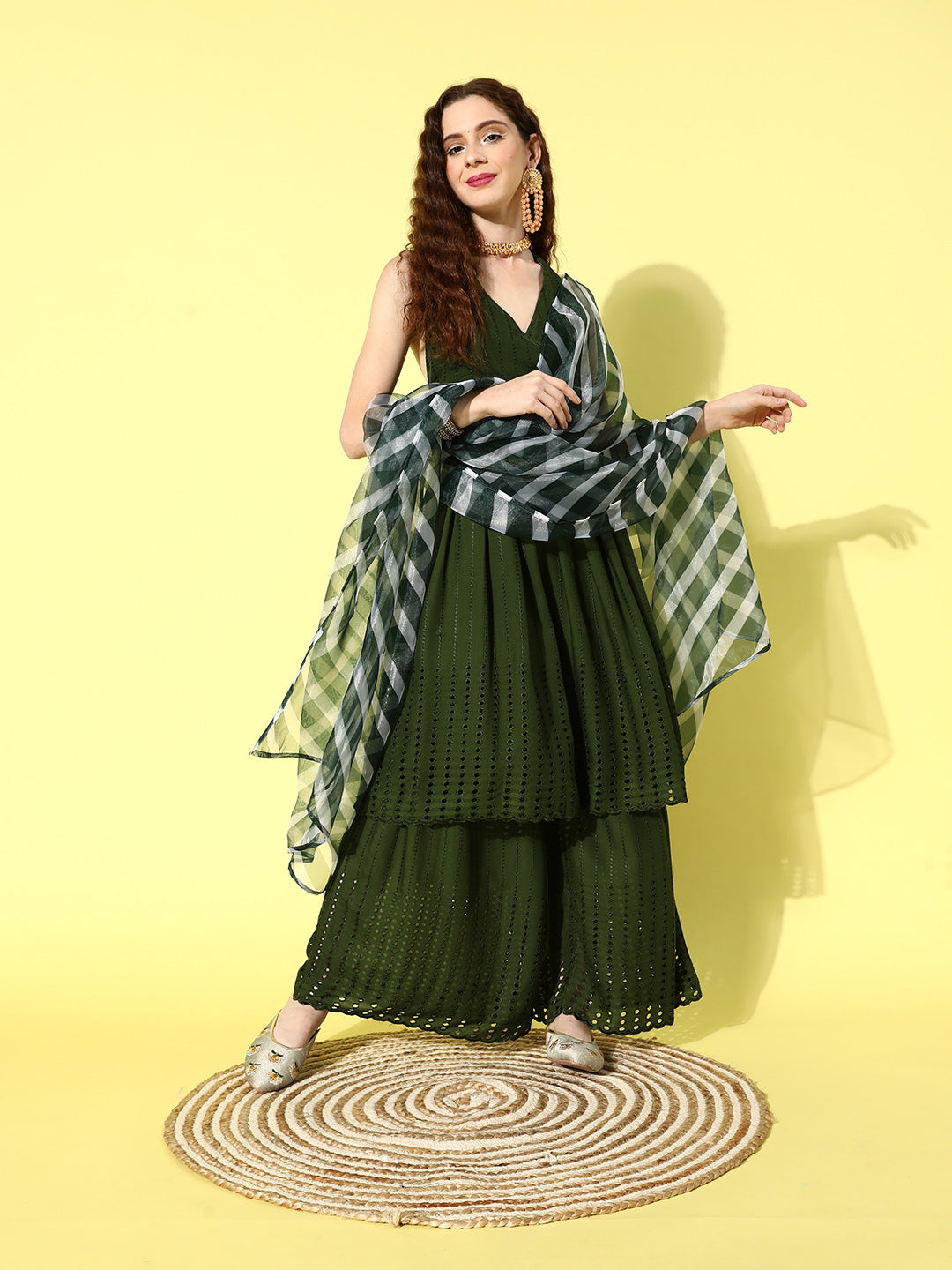 InWeave Women's Green Lace Work Backless Kurta Sharara Set With Lehariya Dupatta - Swadesiicart