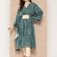 Ahalyaa Women Floral Printed Flared Sleeves Patchwork Belted Detail Crepe Kaftan Kurta | Swadesiicart