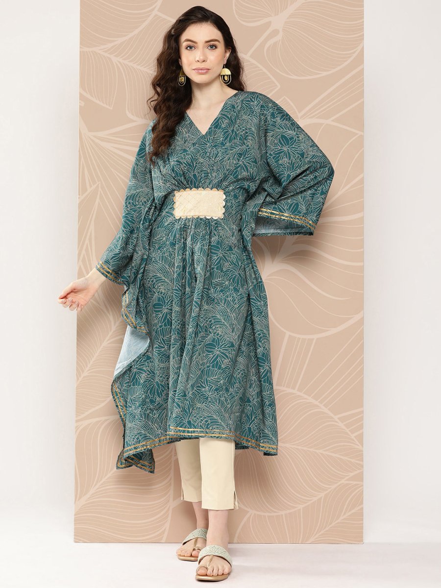 Ahalyaa Women Floral Printed Flared Sleeves Patchwork Belted Detail Crepe Kaftan Kurta | Swadesiicart