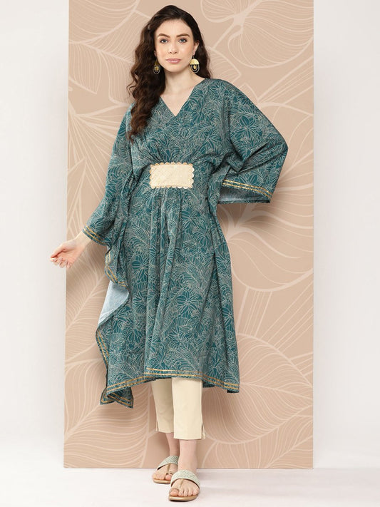 Ahalyaa Women Floral Printed Flared Sleeves Patchwork Belted Detail Crepe Kaftan Kurta | Swadesiicart