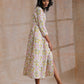 trueBrowns Pink Yellow Floral On White Block Print Cotton Wrap Dress | Swadesiicart