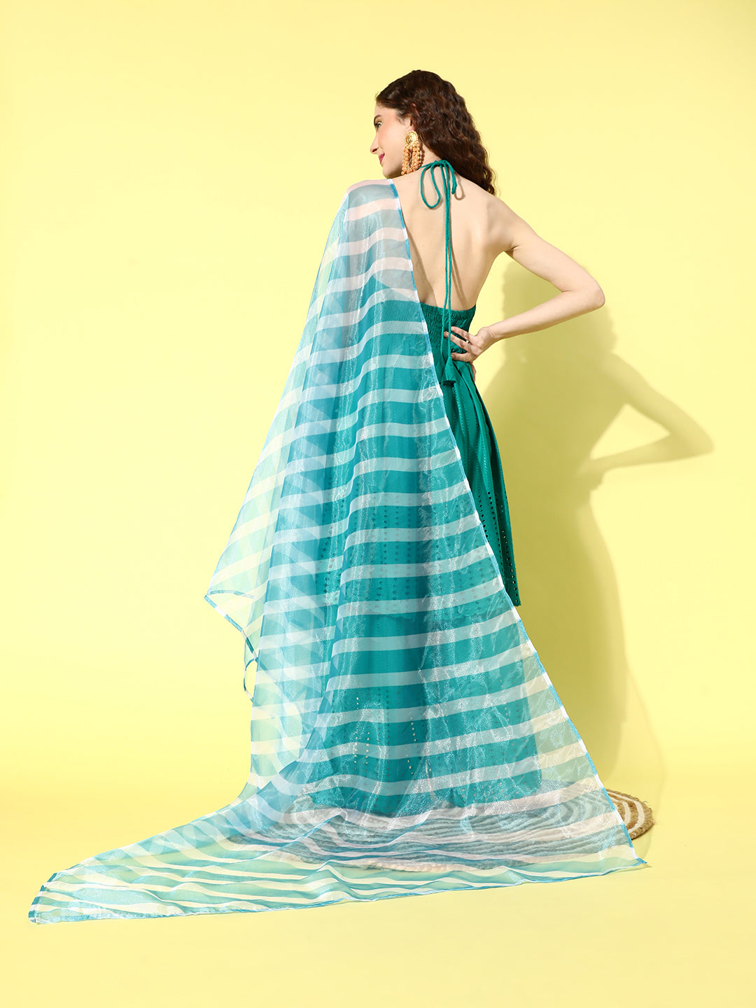 InWeave Women's Teal Lace Work Backless Kurta Sharara Set With Lehariya Dupatta - Swadesiicart