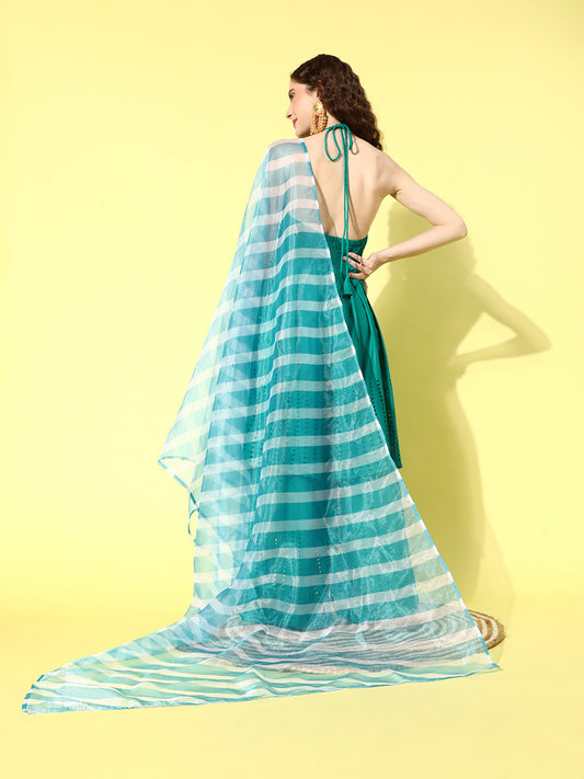 InWeave Women's Teal Lace Work Backless Kurta Sharara Set With Lehariya Dupatta - Swadesiicart
