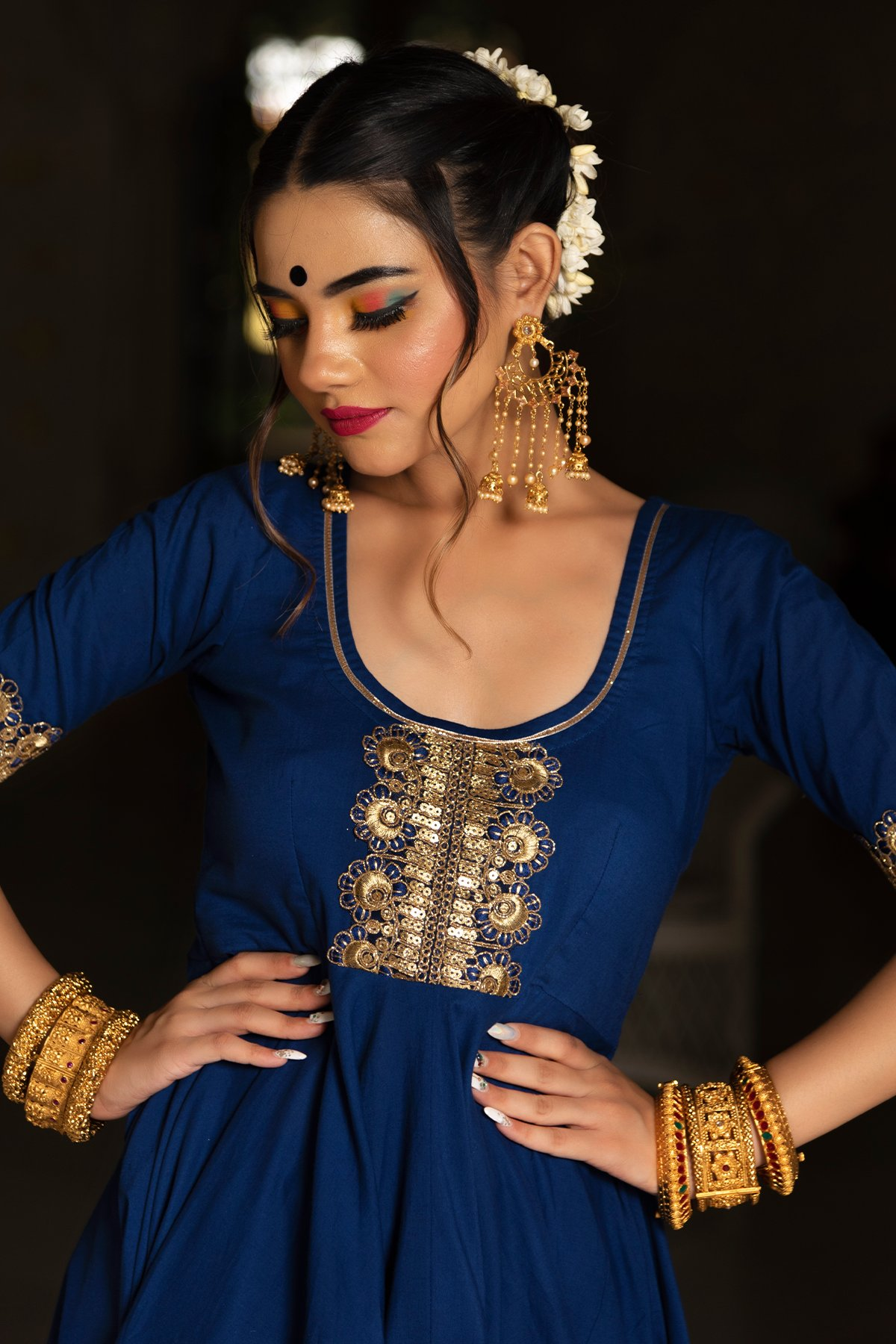 Pomcha Jaipur Minakari Blue Anarkali Set | Swadesiicart