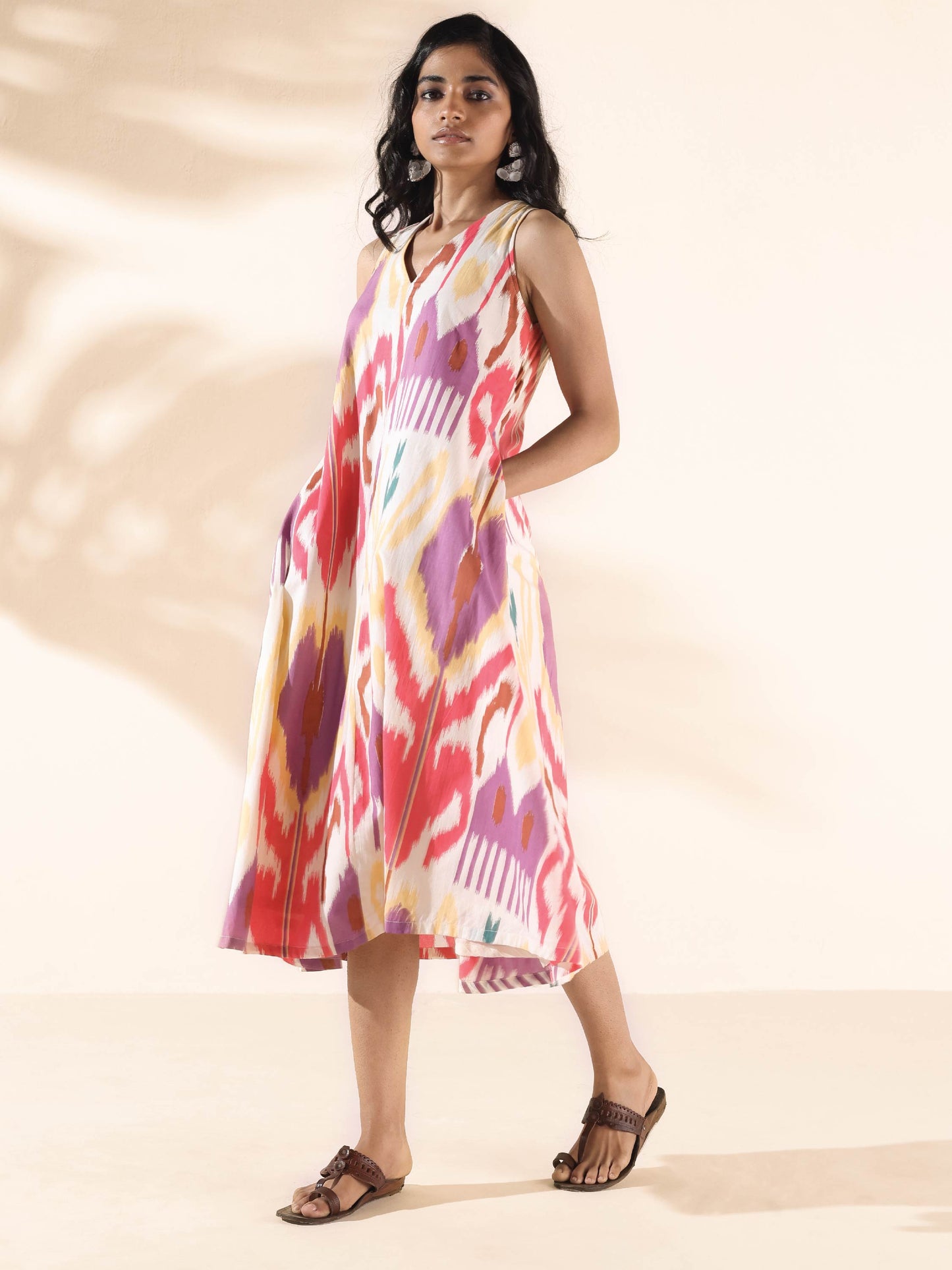 trueBrowns Pink Cotton Ikat Sleeveless Dress | Swadesiicart