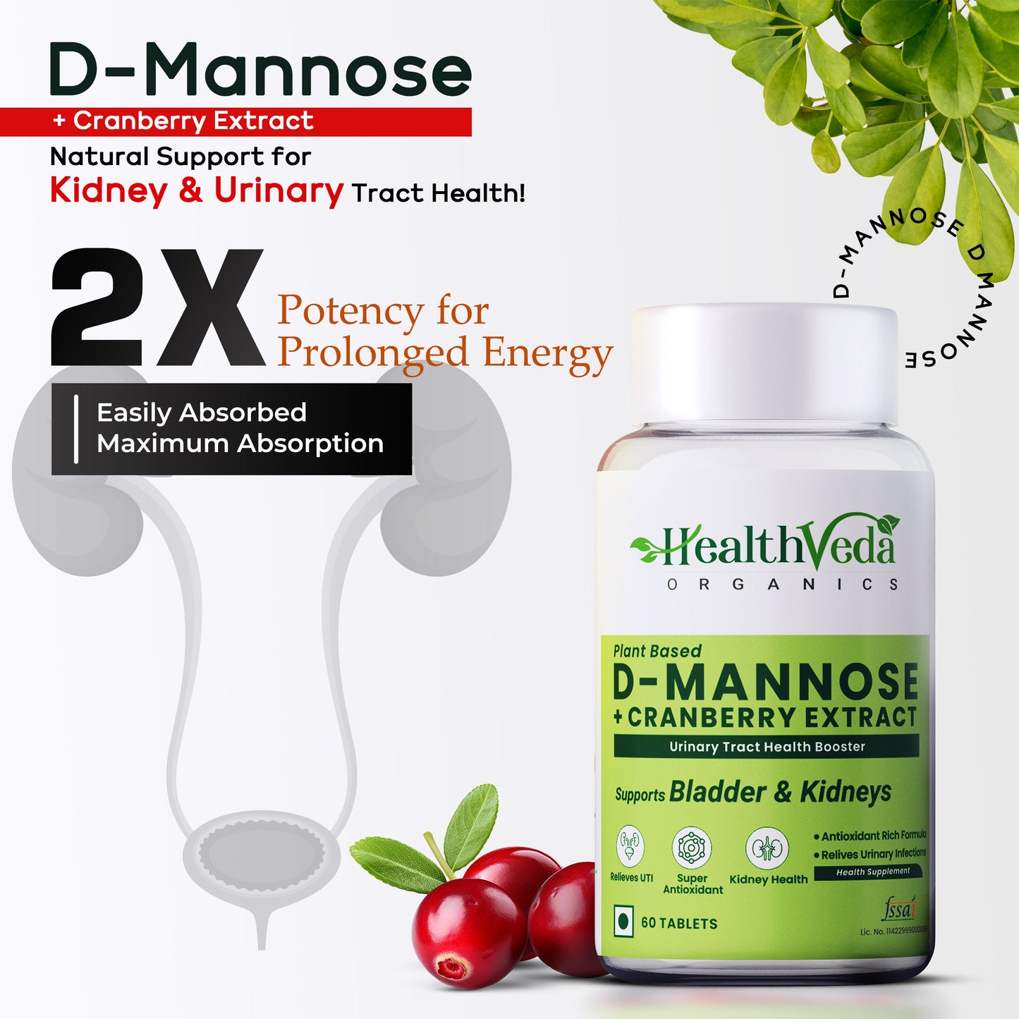 Health Veda Organics D-Mannose + Cranberry Extract Tablets - Swadesiicart