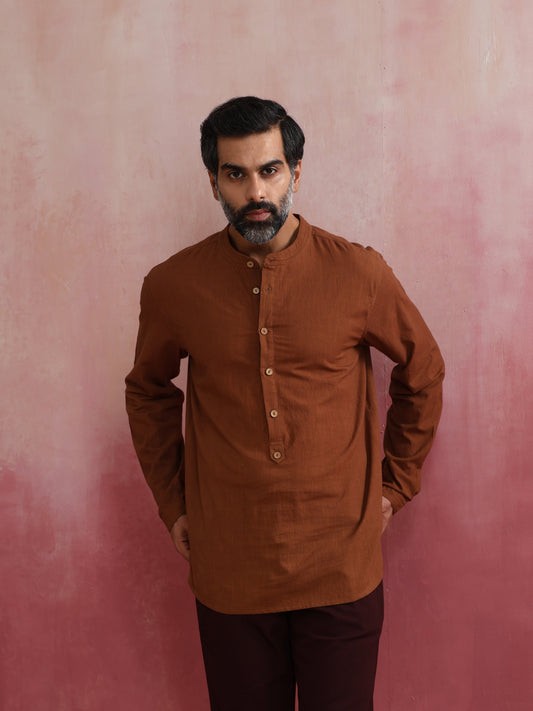 trueBrowns Men's Brown Cotton Mandarin Collar Stylized Kurta | Swadesiicart