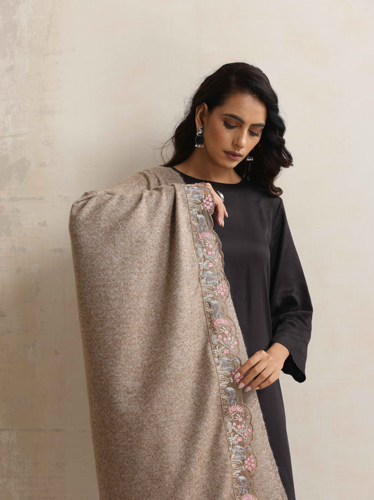 trueBrowns Beige Embroidered Woollen Stole | Swadesiicart