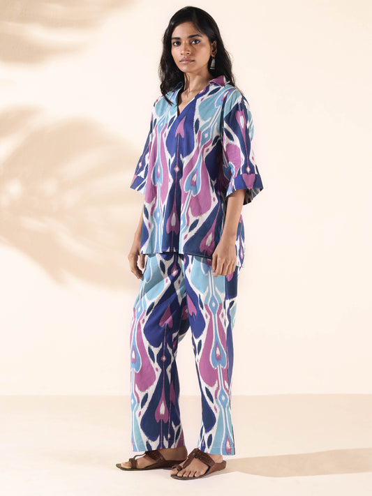 trueBrowns Blue Cotton Ikat V-neck Co-ord Set - Swadesiicart