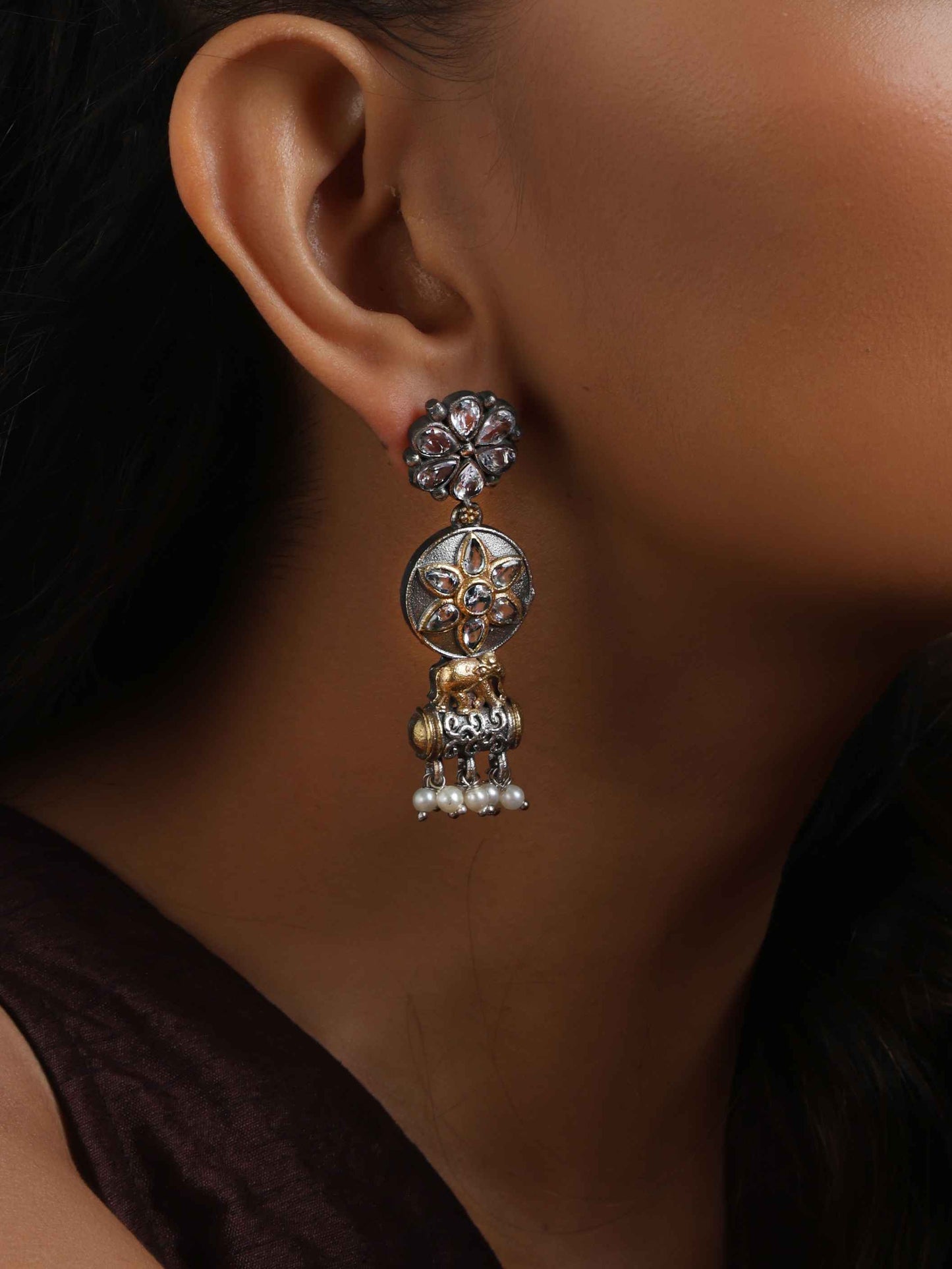 trueBrowns Silver Gold Tone Kundan Earrings | Swadesiicart
