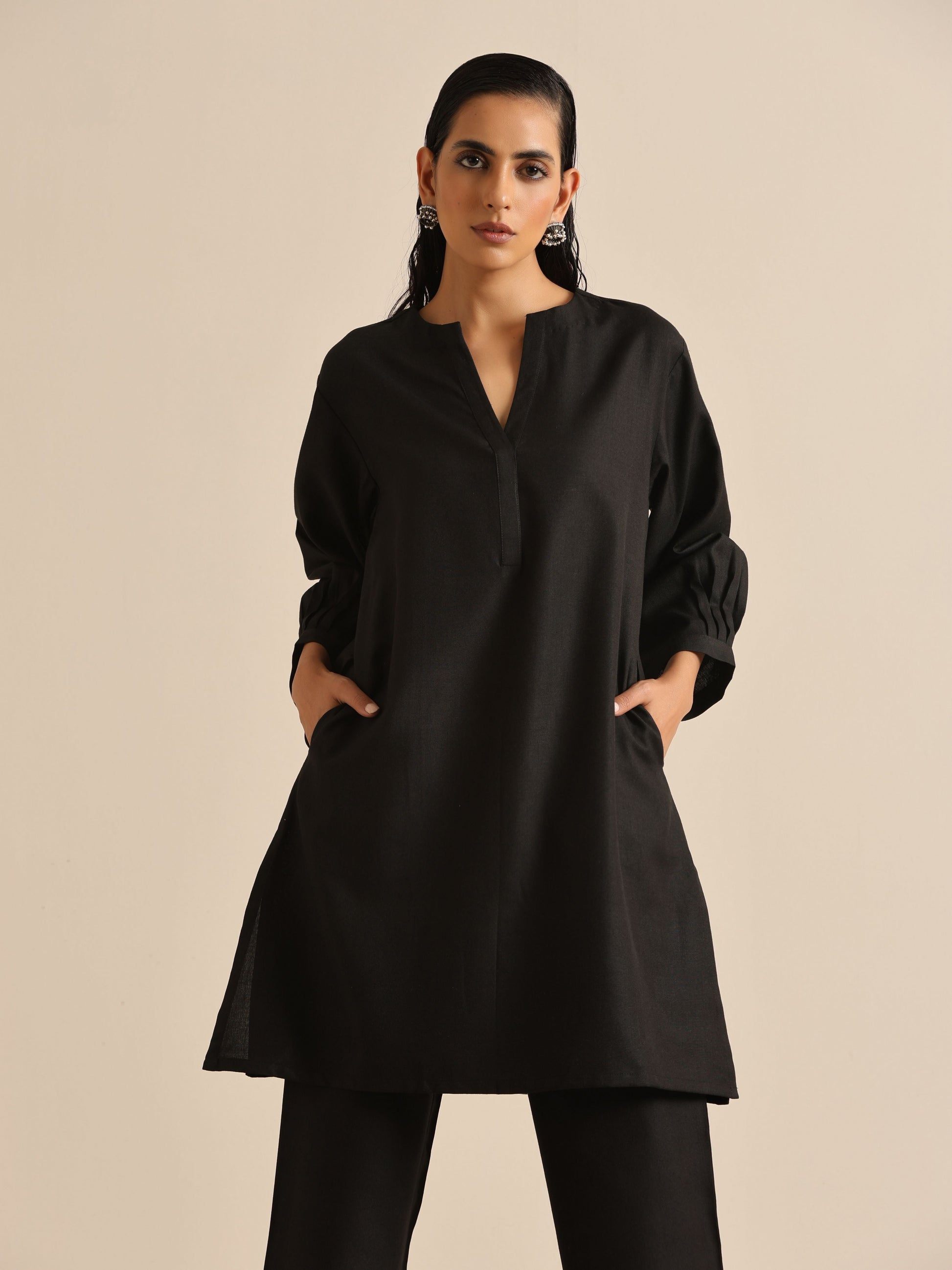 trueBrowns Black Slub Relaxed Placket Co-Ord Set - Swadesiicart