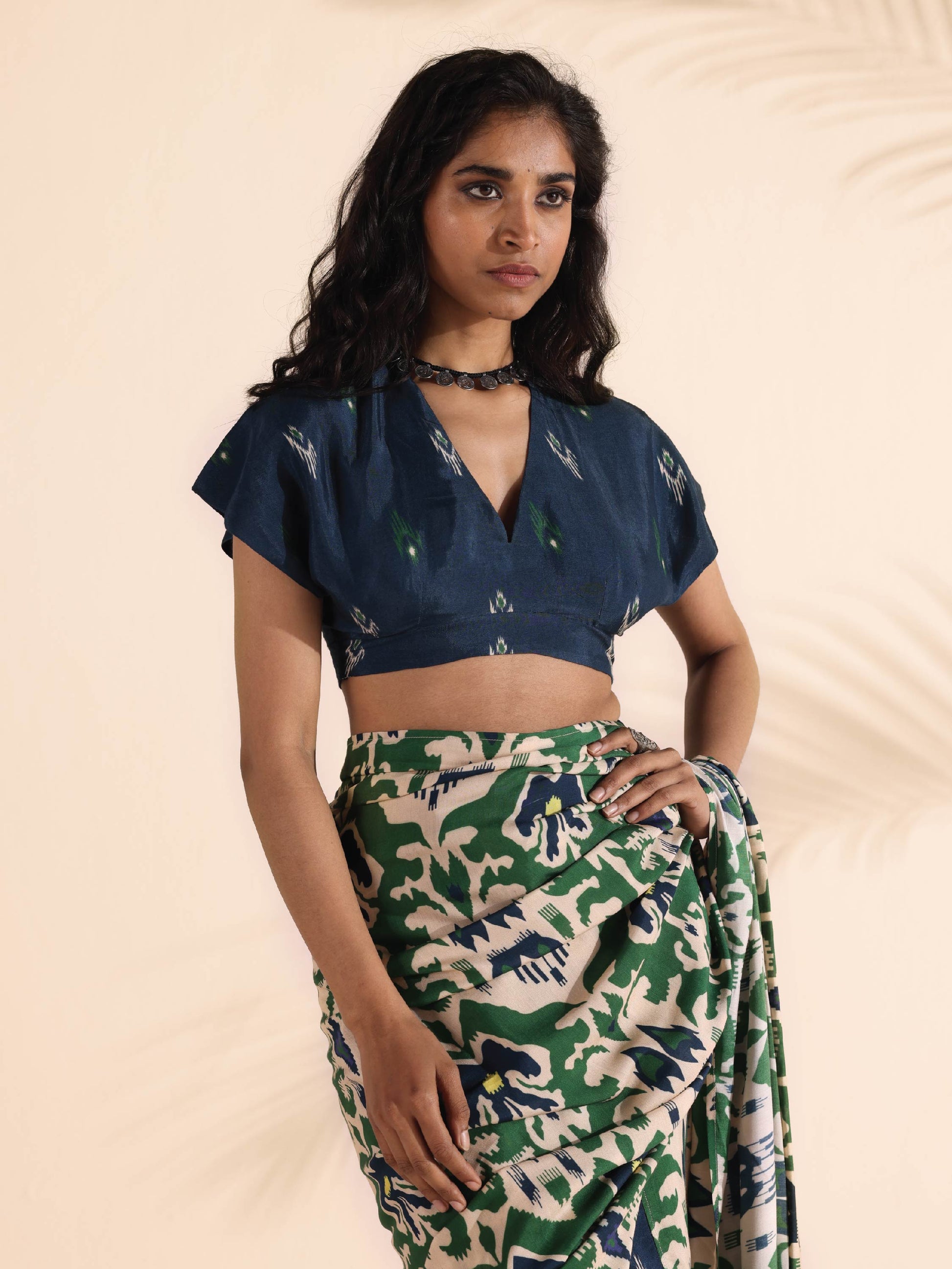 trueBrowns Blue Muslin Ikat Blouse | Swadesiicart