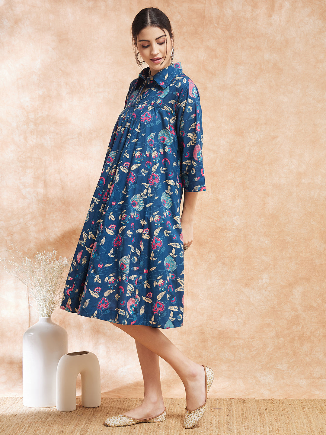 InWeave Women's Blue Pink Kalamkari Flared Dress - Swadesiicart