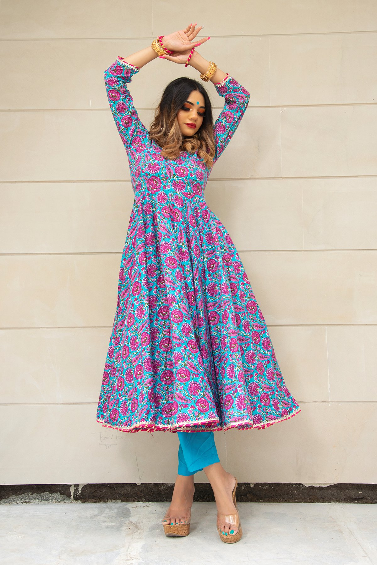 Pomcha Jaipur Chitra Hand Block Cotton Anarkali Set | Swadesiicart