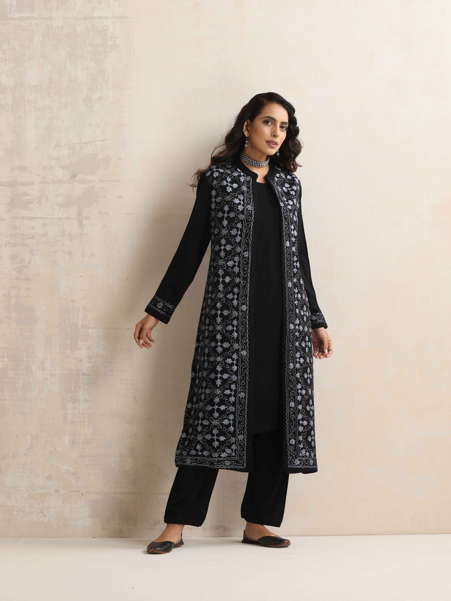 trueBrowns Black Kashmiri Woollen Jacket 3pc Set | Swadesiicart