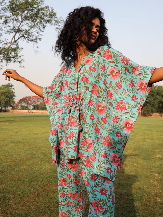 trueBrowns Aqua Cotton Block Print Kaftan Co-Ord Set - Swadesiicart