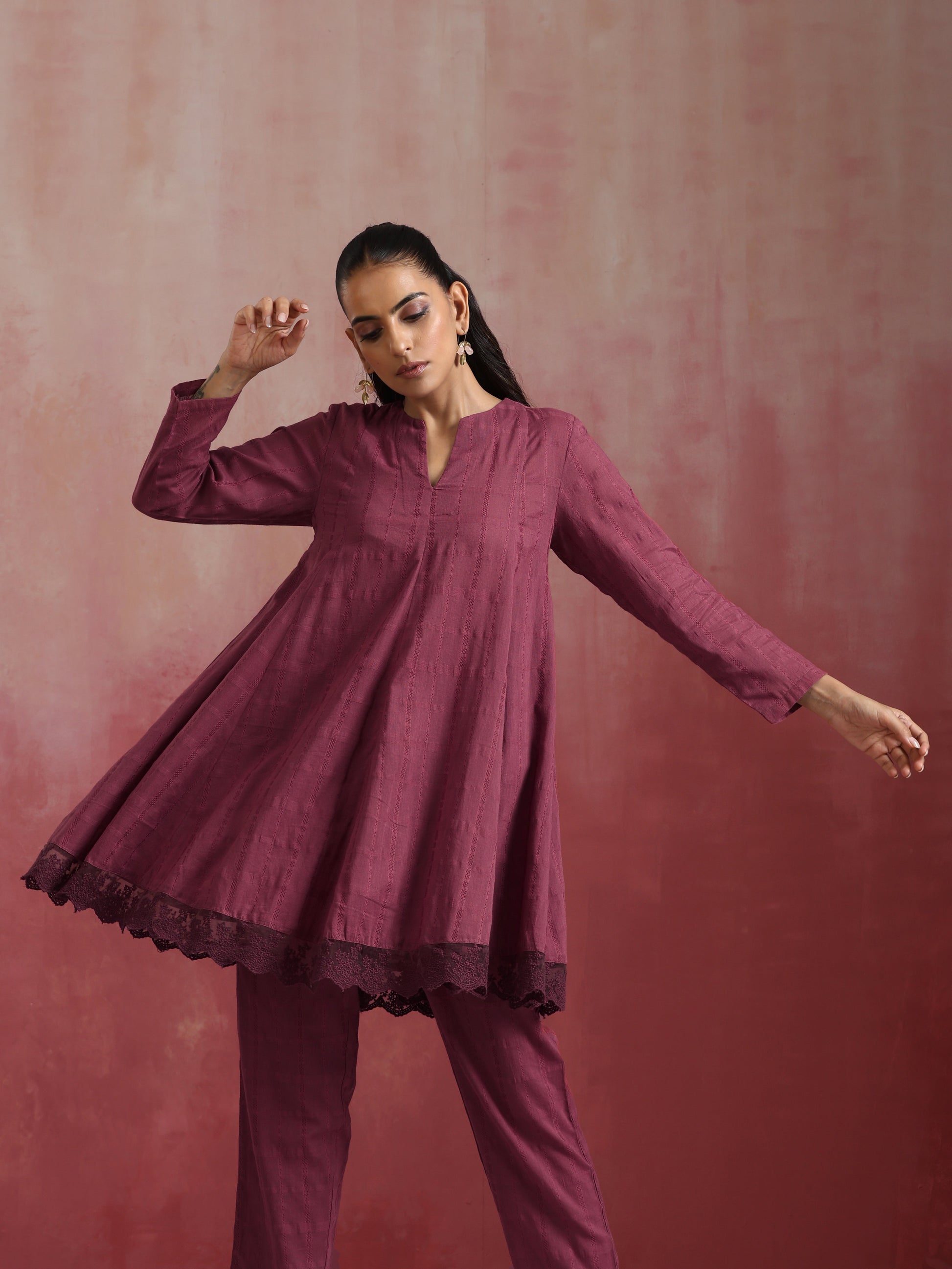 trueBrowns Mauve Cotton Dobby Co-ord set - Swadesiicart
