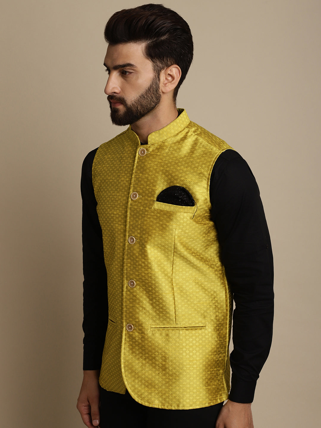 Even Apparels Men's Yellow Mandarin Collar Waistcoat | Swadesiicart