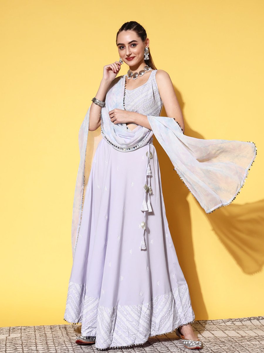 Ahalyaa Blue & White Printed Sequinned Ready to Wear Lehenga & Blouse With Dupatta | Swadesiicart