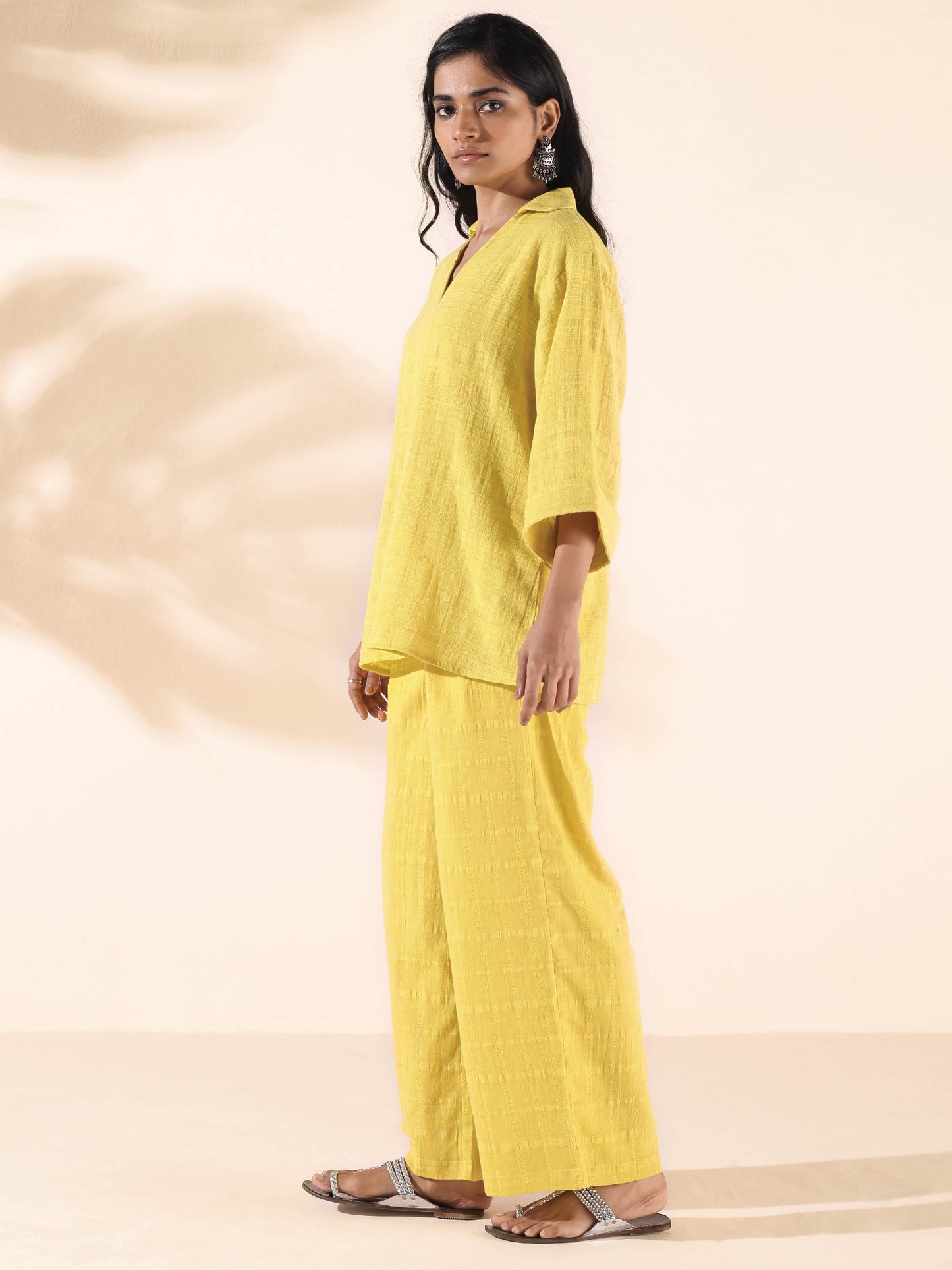 trueBrowns Lime Cotton Dobby V-Neck Co-ord Set - Swadesiicart