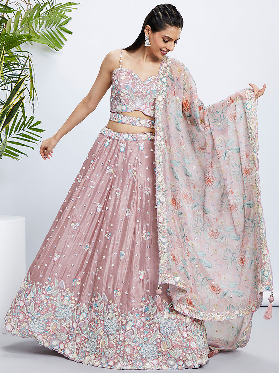 House of Panchhi Green Chiffon Position Print With Sequins Embroidery Lehenga Choli & Dupatta | Swadesiicart