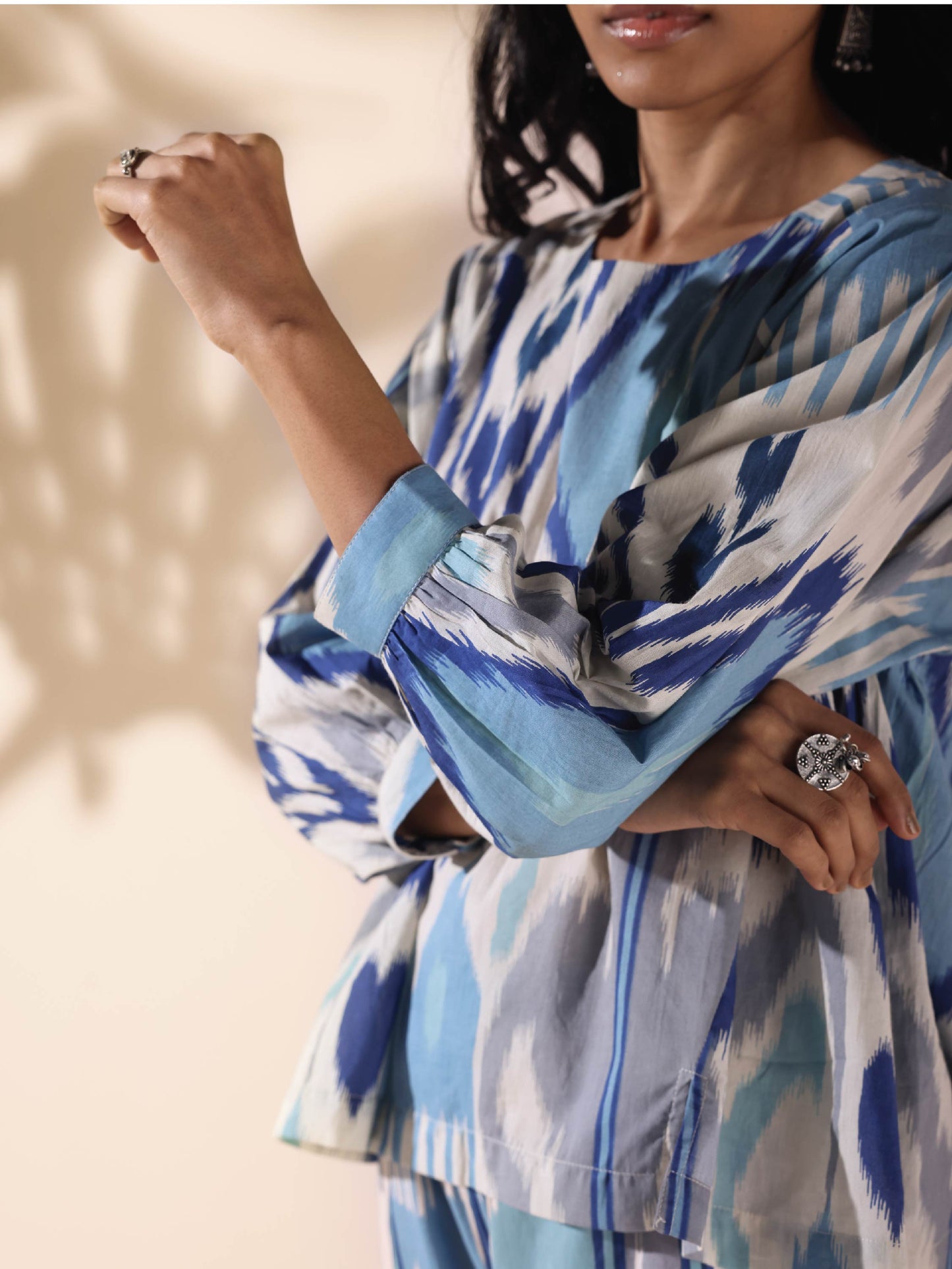 trueBrowns Blue Cotton Ikat Short Co-ord Set - Swadesiicart