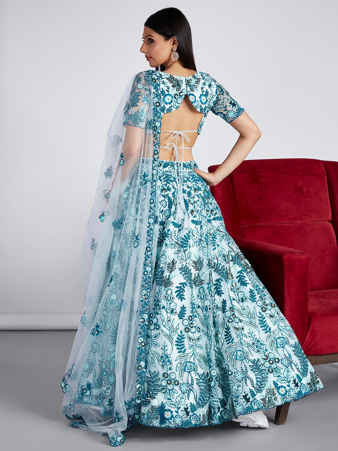 House of Panchhi Turquoise Blue Net Sequins, Mirror And Thread Embroidery Lehenga Choli & Dupatta | Swadesiicart