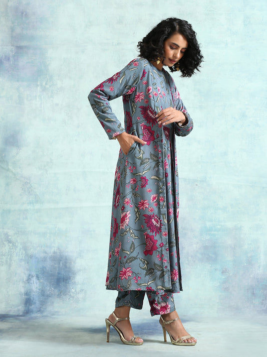 trueBrowns Grey Printed Velvet Overlay Jacket | Swadesiicart