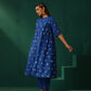 trueBrowns Royal Blue Geometric Floral Viscose Silk Side Gathered Kurta Pant Set | Swadesiicart