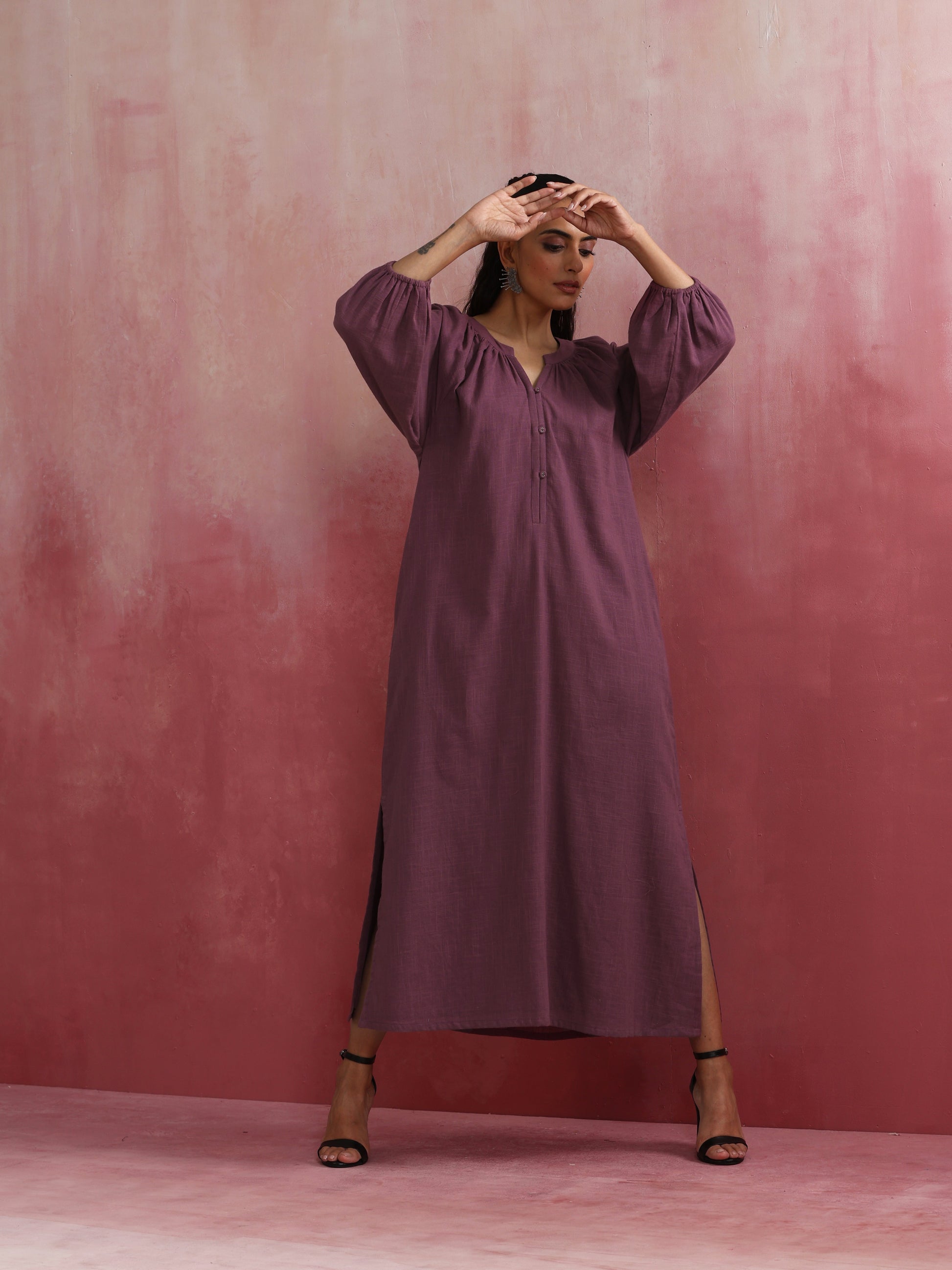 trueBrowns Light Purple Cotton Dobby Dress | Swadesiicart