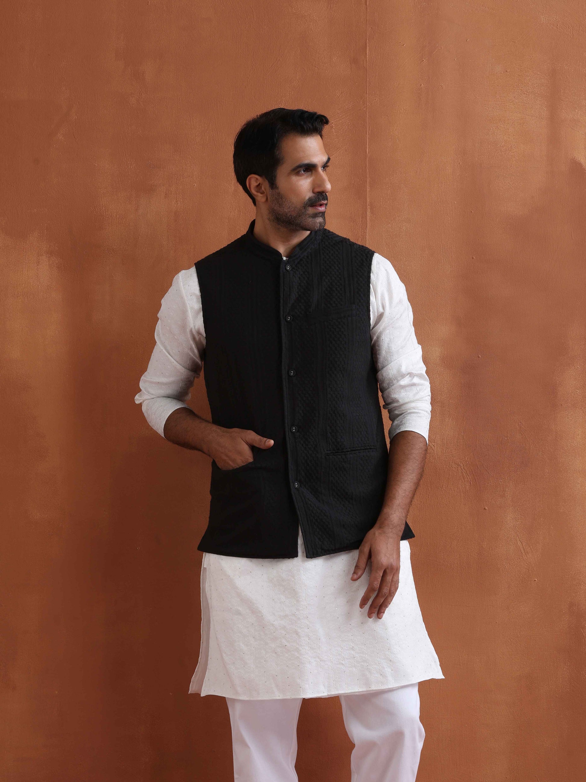 trueBrowns Men's Black Textured Cotton Dobby Nehru Jacket | Swadesiicart