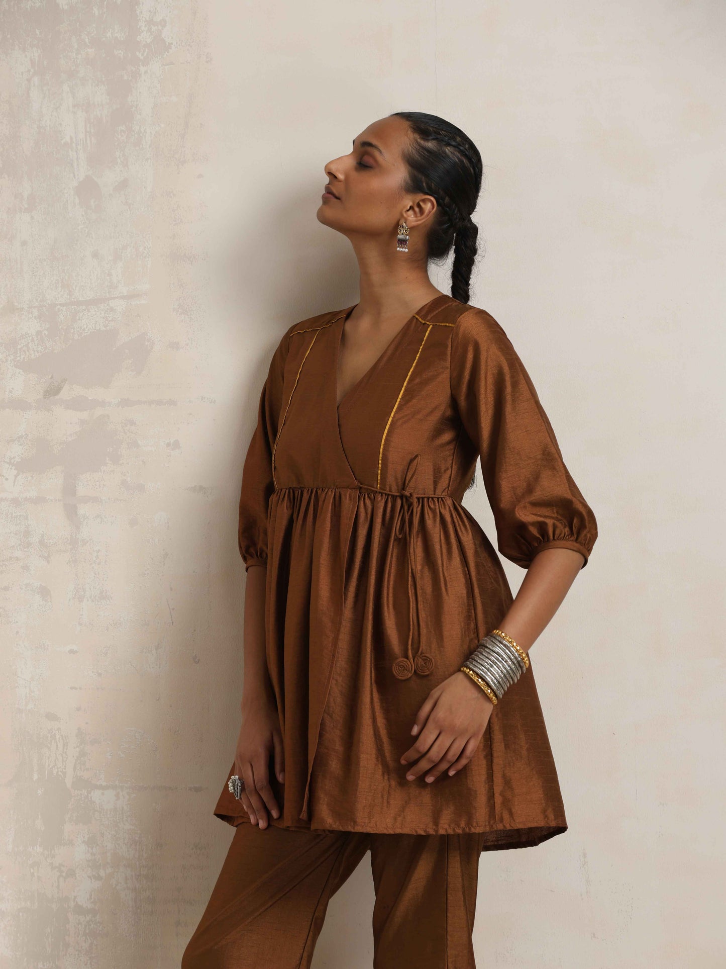trueBrowns Brown Silk Angrakha Co-ord Set - Swadesiicart