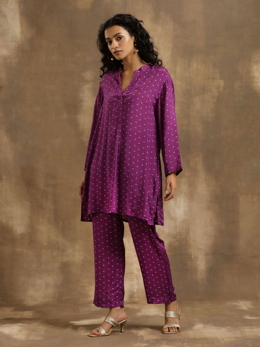 trueBrowns Purple Bandhani Printed Silk Co-Ord Set - Swadesiicart