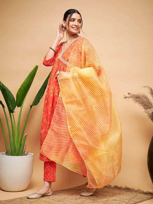 InWeave Women's Orange S Print Alia Cut Gota Work Kurta Set W Mustard Le Du - Swadesiicart