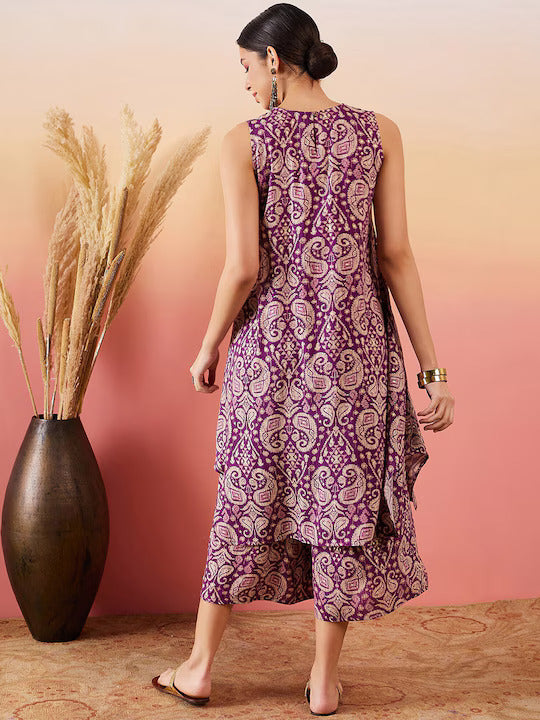 InWeave Dusty Mauve Paisley Round Neck Kurta Short Palazzo Set - Swadesiicart
