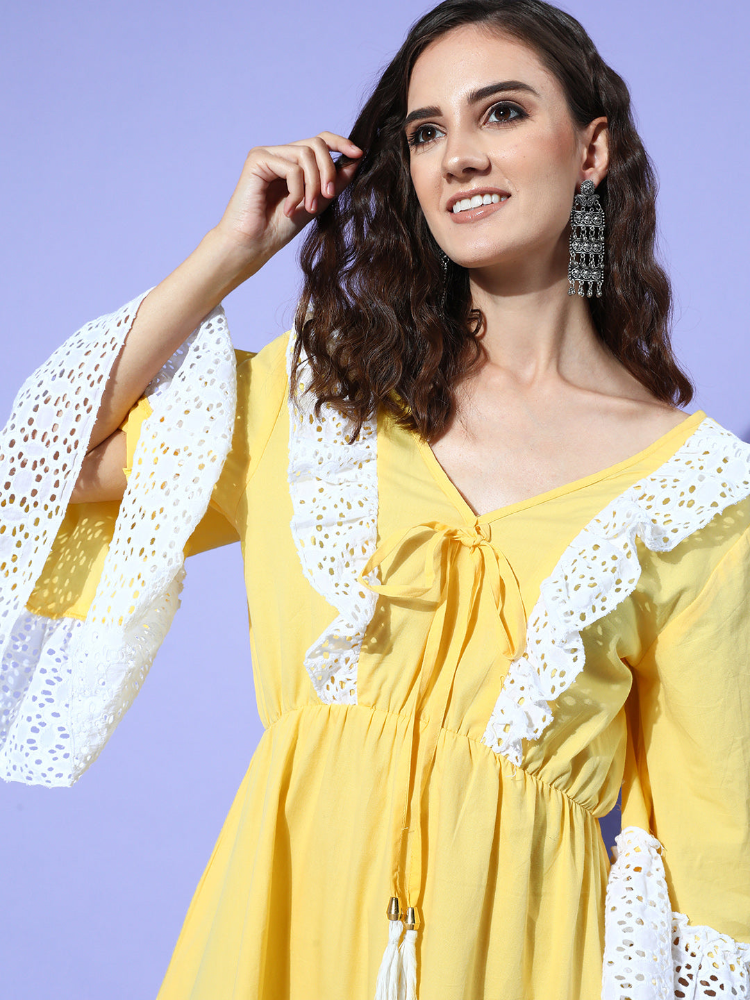 InWeave Women's Yellow Lacy Short Dress - Swadesiicart