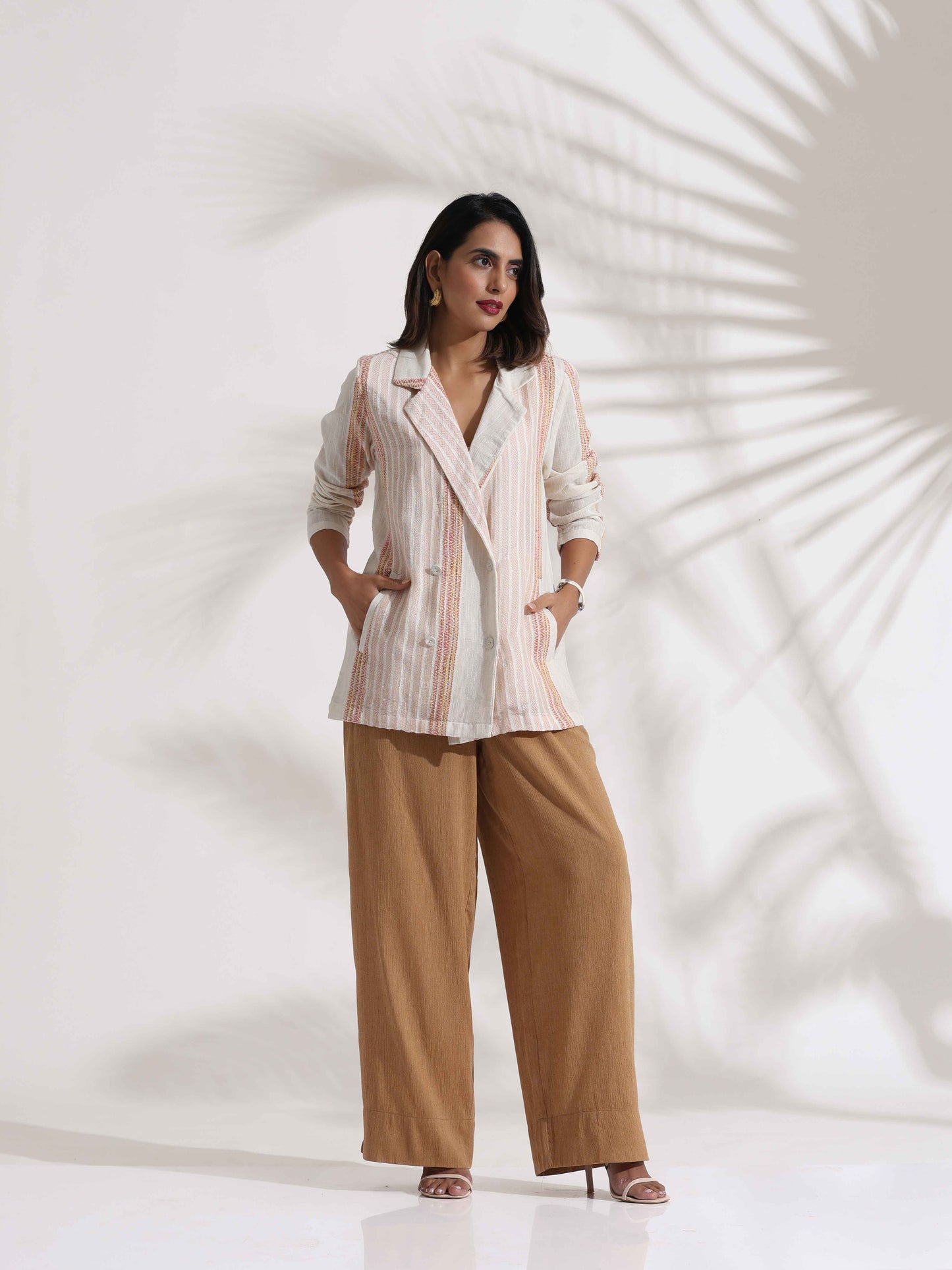 trueBrowns Beige Cotton Stripe Jacket Top Co-ord Set - Swadesiicart