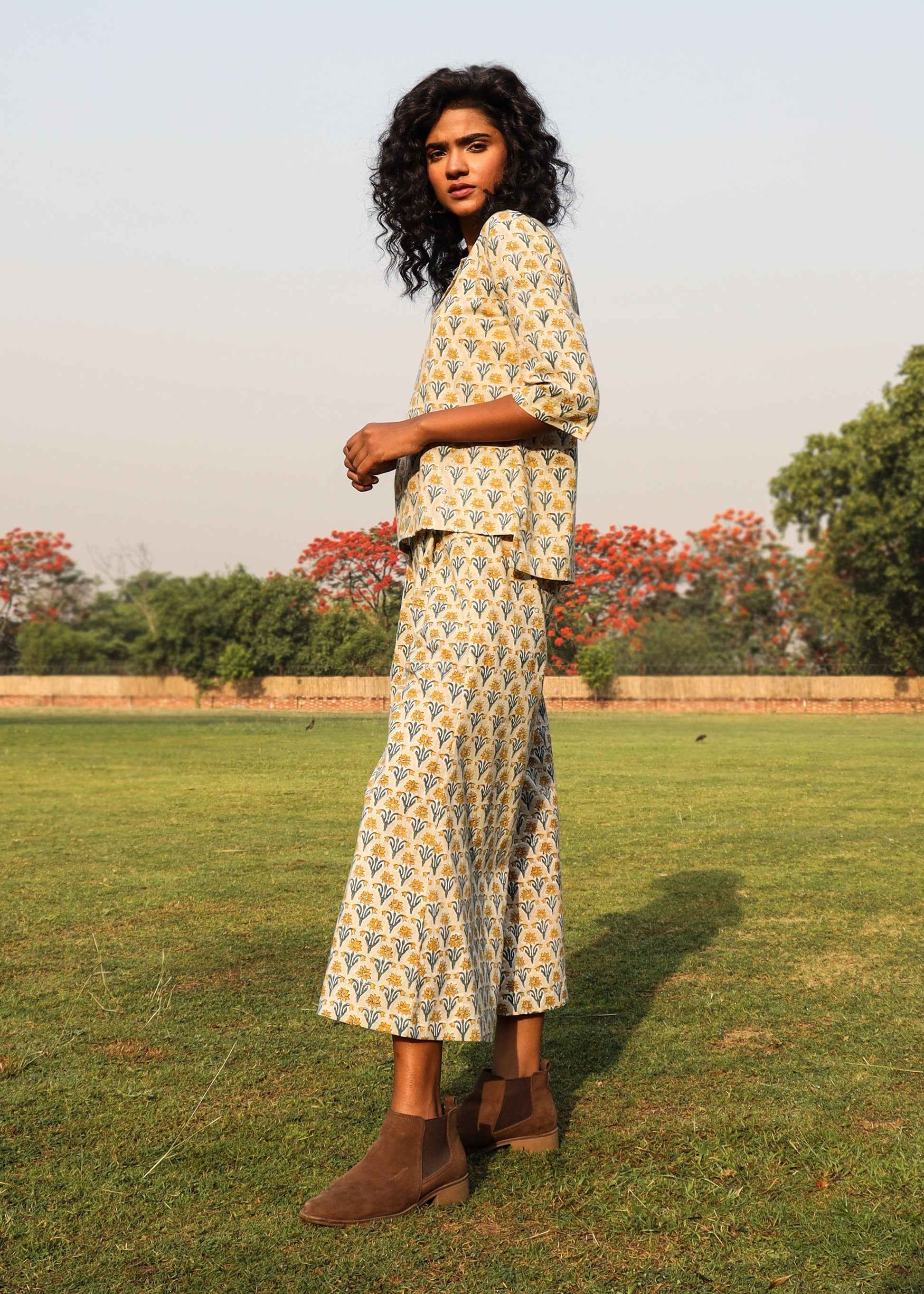 trueBrowns Light Sage Cotton Block Print Lapel Shirt Co-Ord Set - Swadesiicart