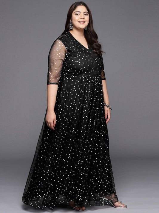 Ahalyaa Plus Size Printed Net V-neck Maxi Ethnic Dress | Swadesiicart