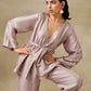 trueBrowns Grey Textured Silk Deep V-Neck Co-Ord Set - Swadesiicart