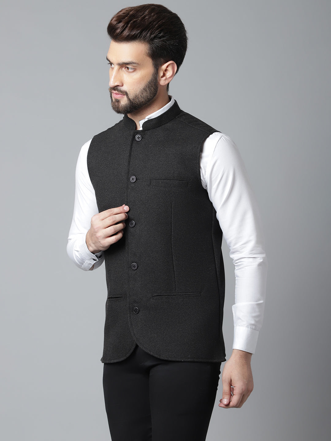 Even Apparels Men's Black Pure Wool Nehru Jacket | Swadesiicart