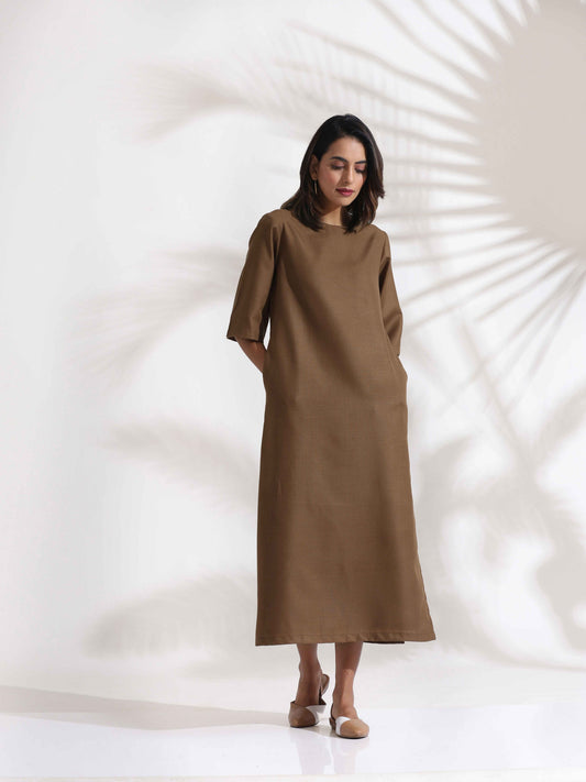trueBrowns Brown Slub Dress | Swadesiicart