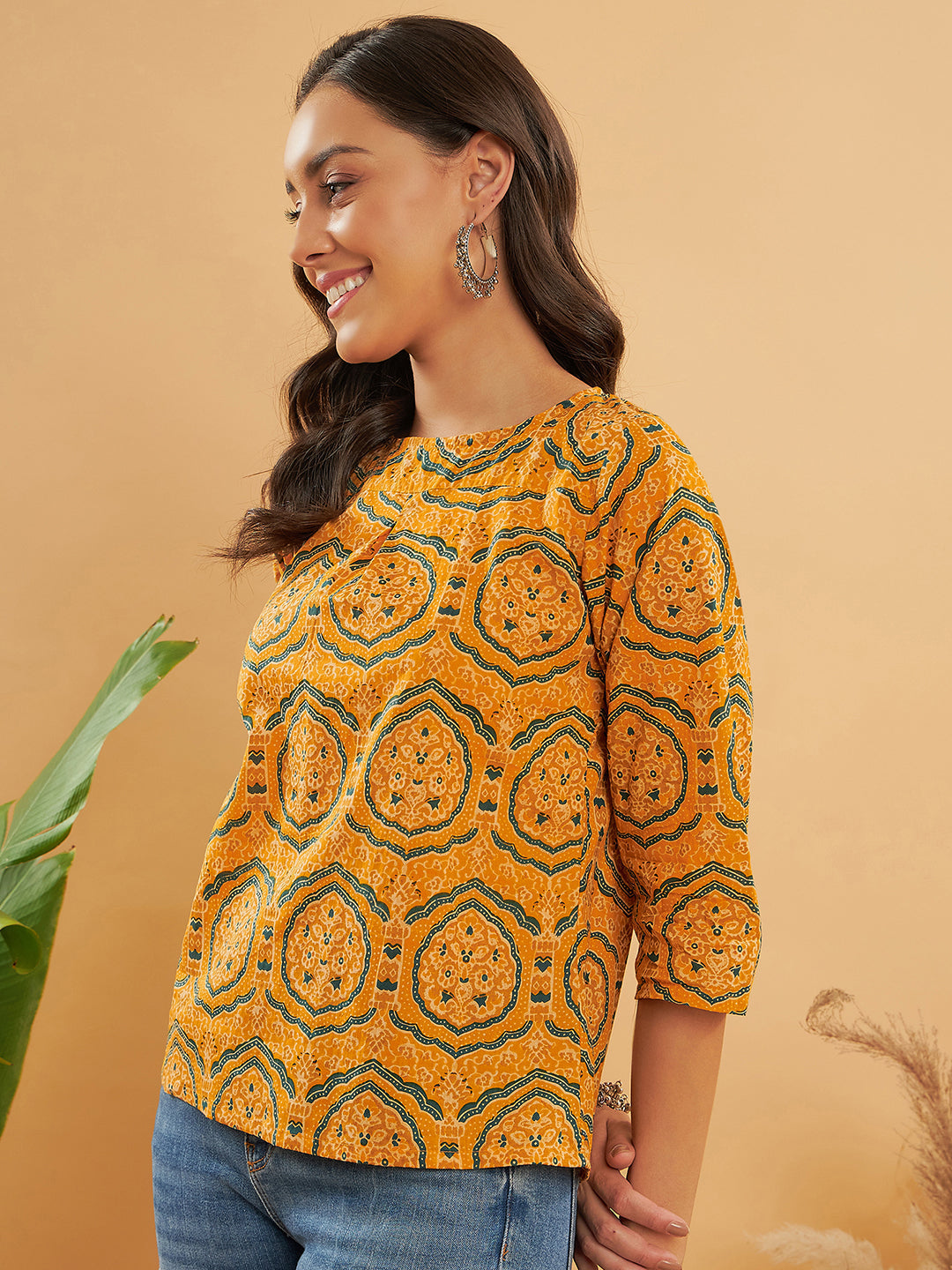 InWeave Women's Haldi Yellow Mughal Kalamkari Top - Swadesiicart