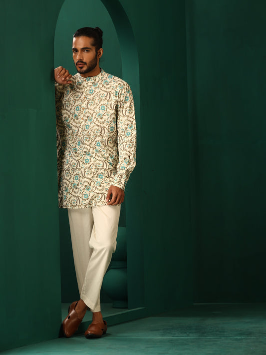 trueBrowns Men's Teal Floral Cotton Printed Co-ord Set - Swadesiicart