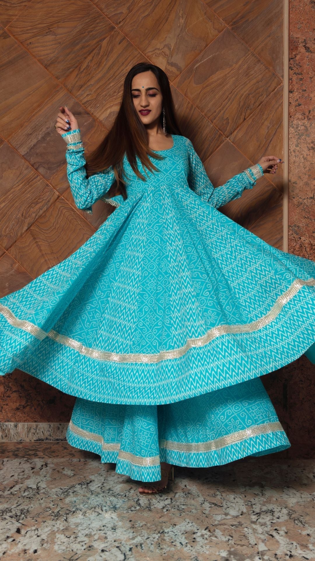 Pomcha Jaipur Neelkari Blue Cotton Anarkali Set | Swadesiicart