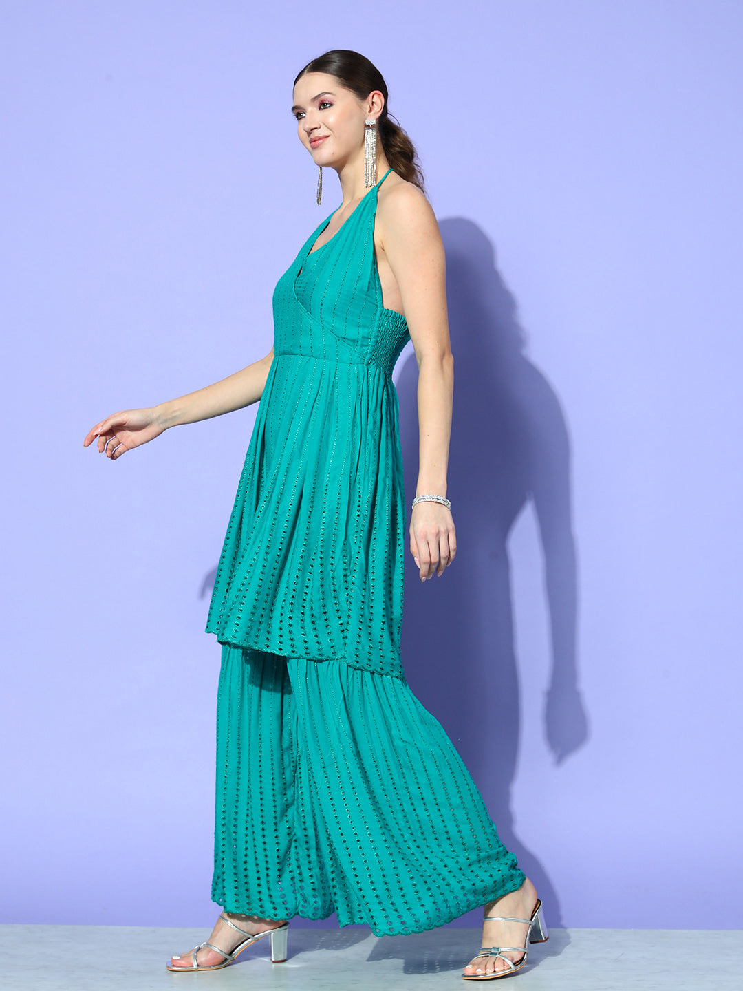 InWeave Women's Teal Lace Work Backless Kurta Sharara Set - Swadesiicart