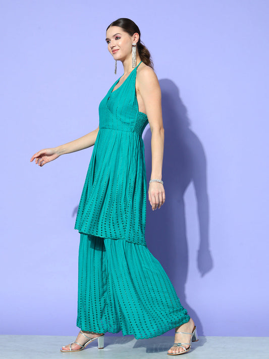 InWeave Women's Teal Lace Work Backless Kurta Sharara Set - Swadesiicart
